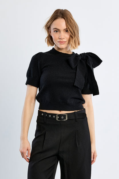 Margot Bow Short Sleeve Sweater - Black