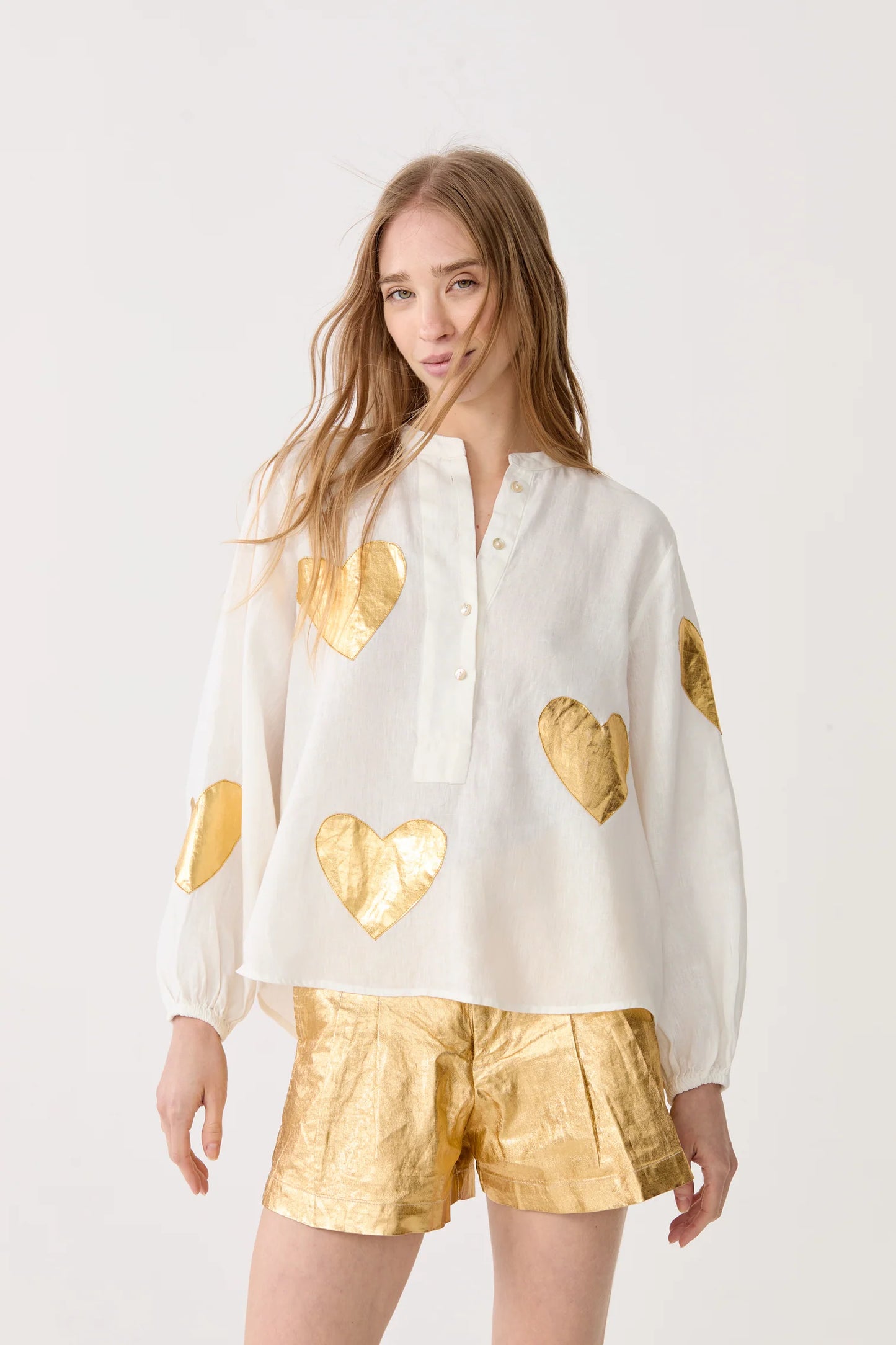 Cupid Linen Shirt - Off White w/ Gold Hearts