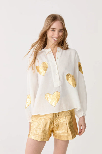 Cupid Linen Shirt - Off White w/ Gold Hearts