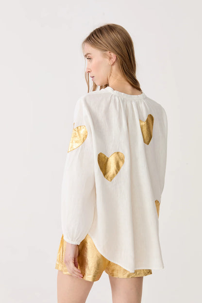Cupid Linen Shirt - Off White w/ Gold Hearts