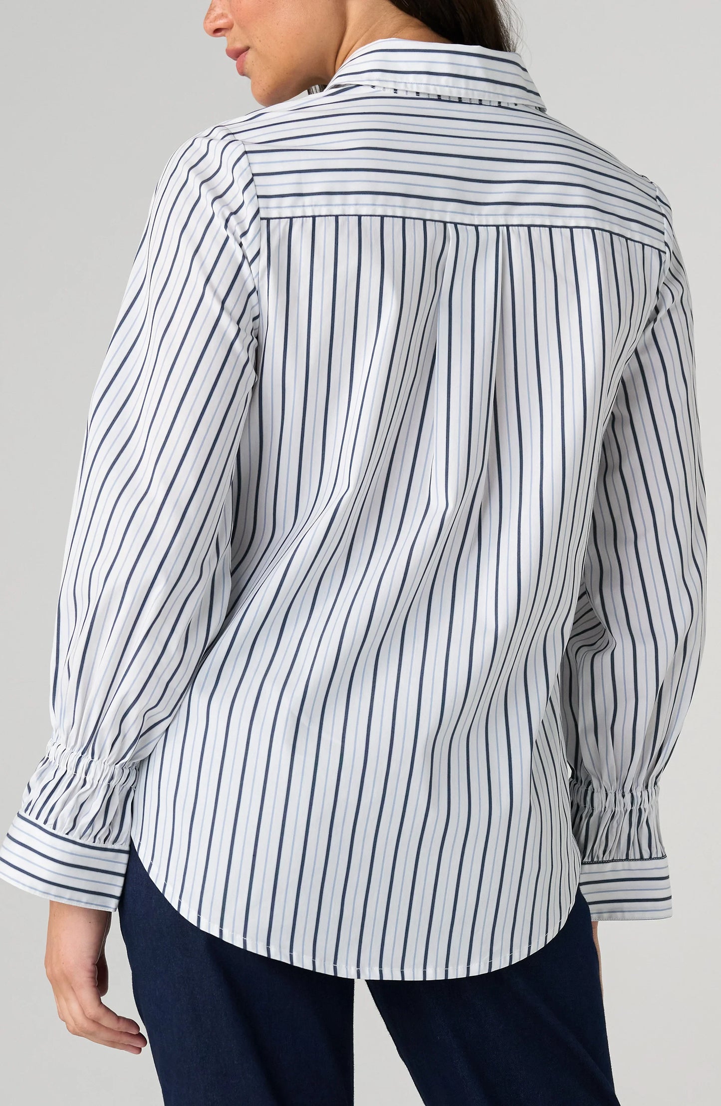 Adjustable Sleeve Button Front Top - White Club Navy
