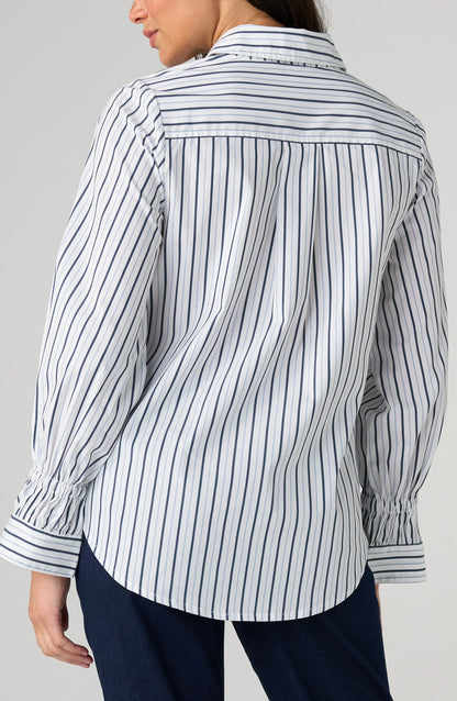 Adjustable Sleeve Button Front Top - White Club Navy