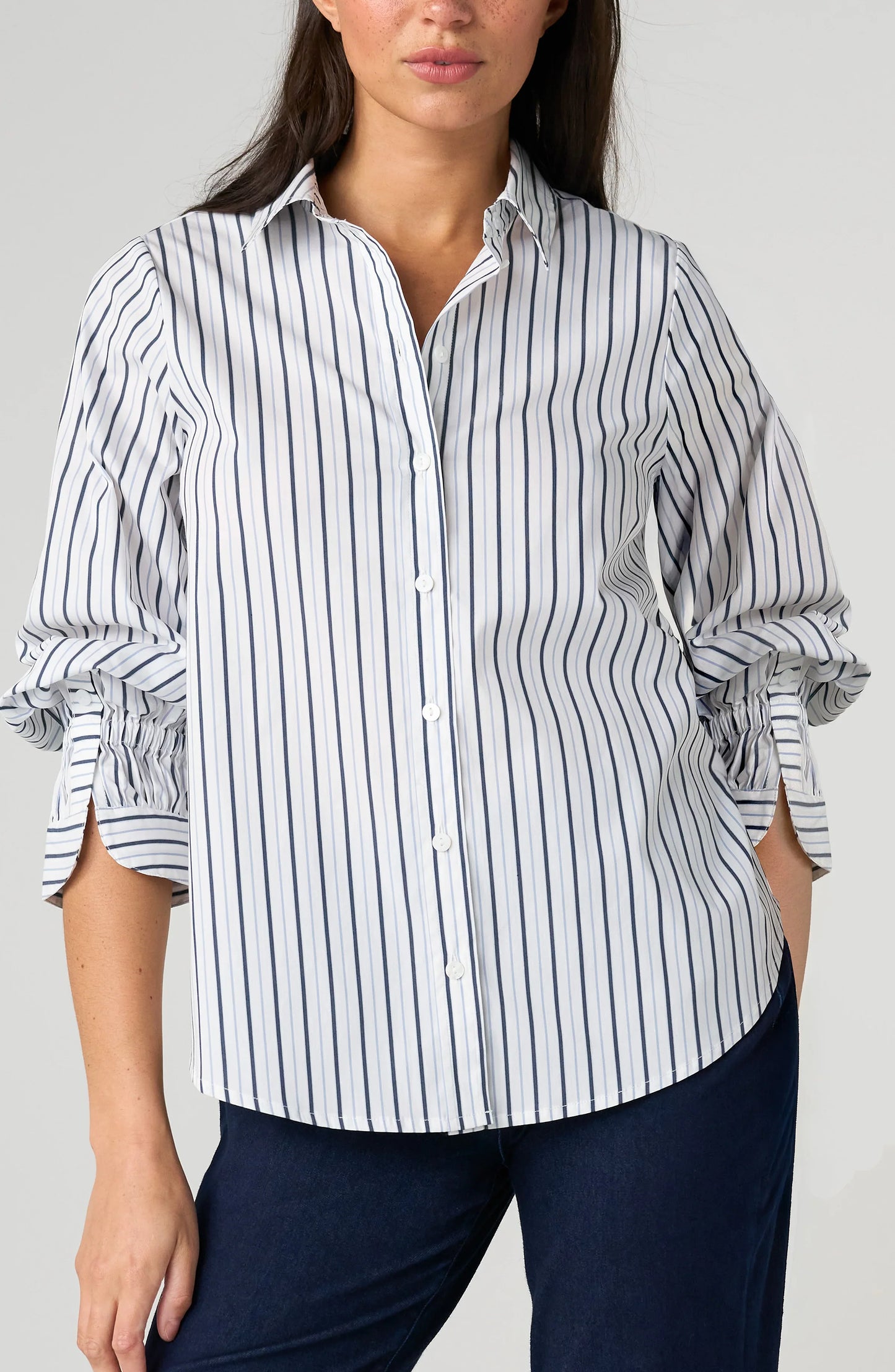 Adjustable Sleeve Button Front Top - White Club Navy