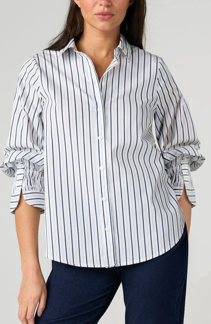 Adjustable Sleeve Button Front Top - White Club Navy