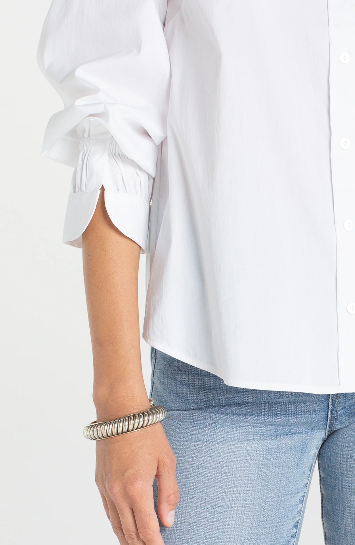 Adjustable Sleeve Button Front Top - White