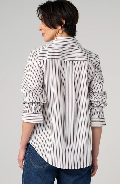 Adjustable Sleeve Button Front Top - Cream Dark Espresso