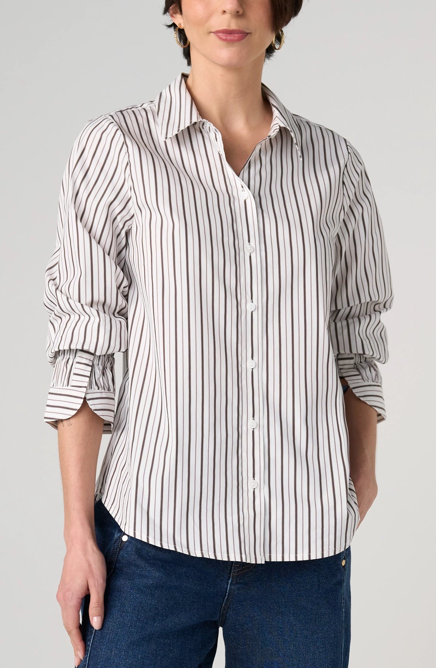 Adjustable Sleeve Button Front Top - Cream Dark Espresso