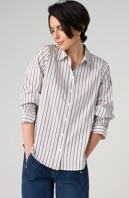 Adjustable Sleeve Button Front Top - Cream Dark Espresso