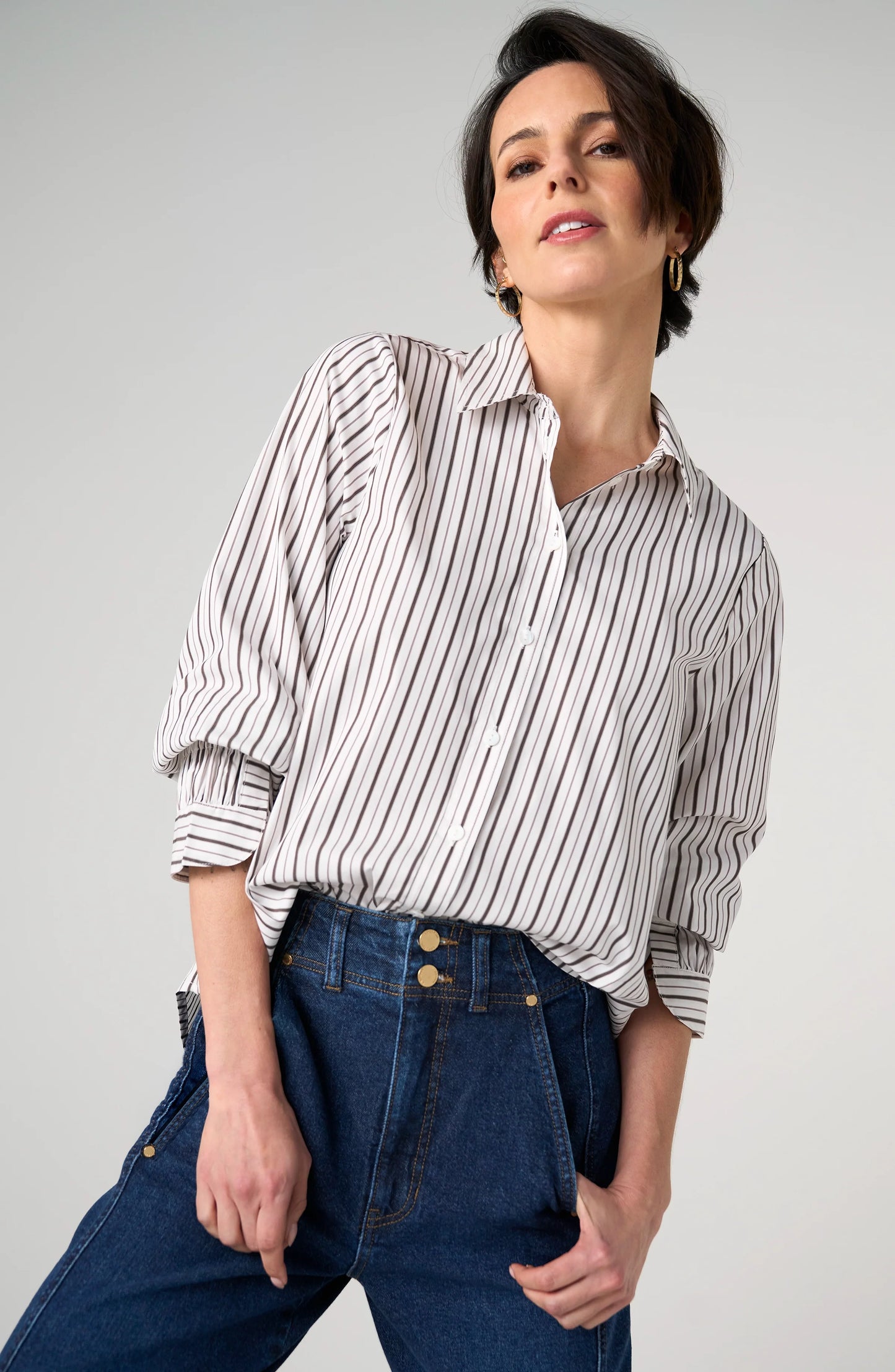Adjustable Sleeve Button Front Top - Cream Dark Espresso