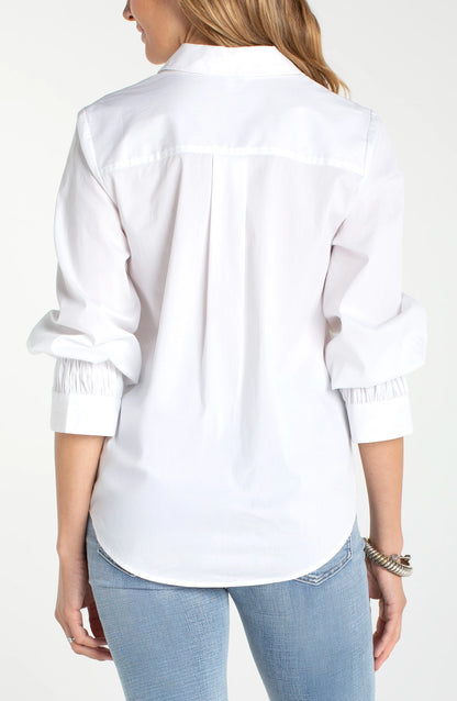 Adjustable Sleeve Button Front Top - White