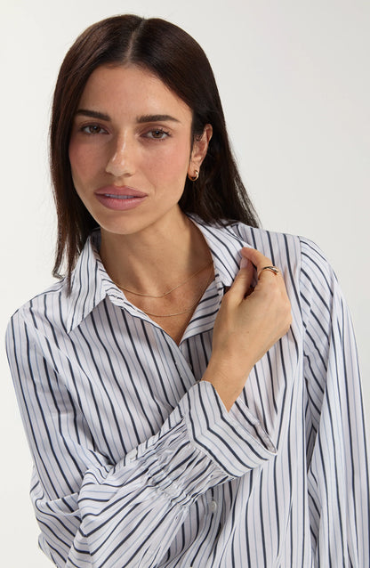 Adjustable Sleeve Button Front Top - White Club Navy
