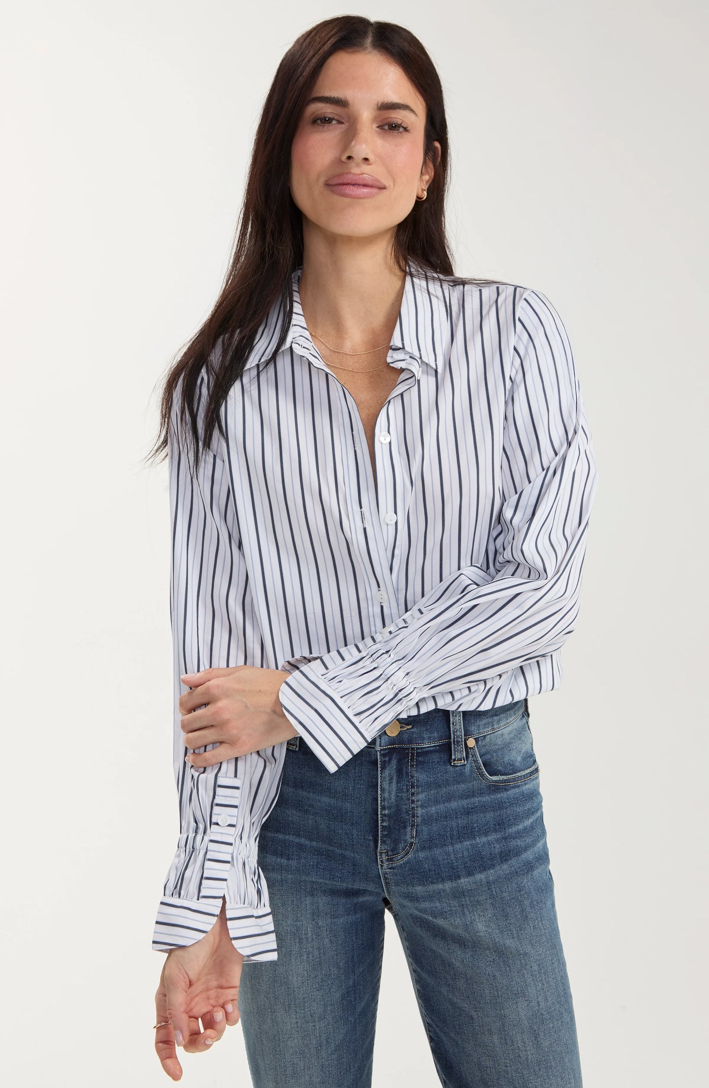 Adjustable Sleeve Button Front Top - White Club Navy