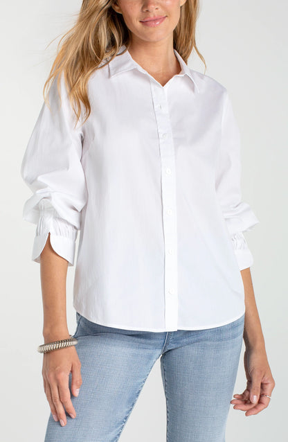 Adjustable Sleeve Button Front Top - White