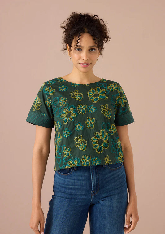 Lynn Top - Olive Retro Floral Embroidery
