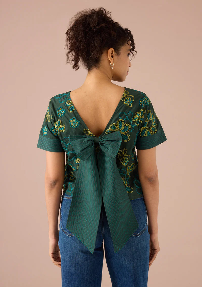 Lynn Top - Olive Retro Floral Embroidery
