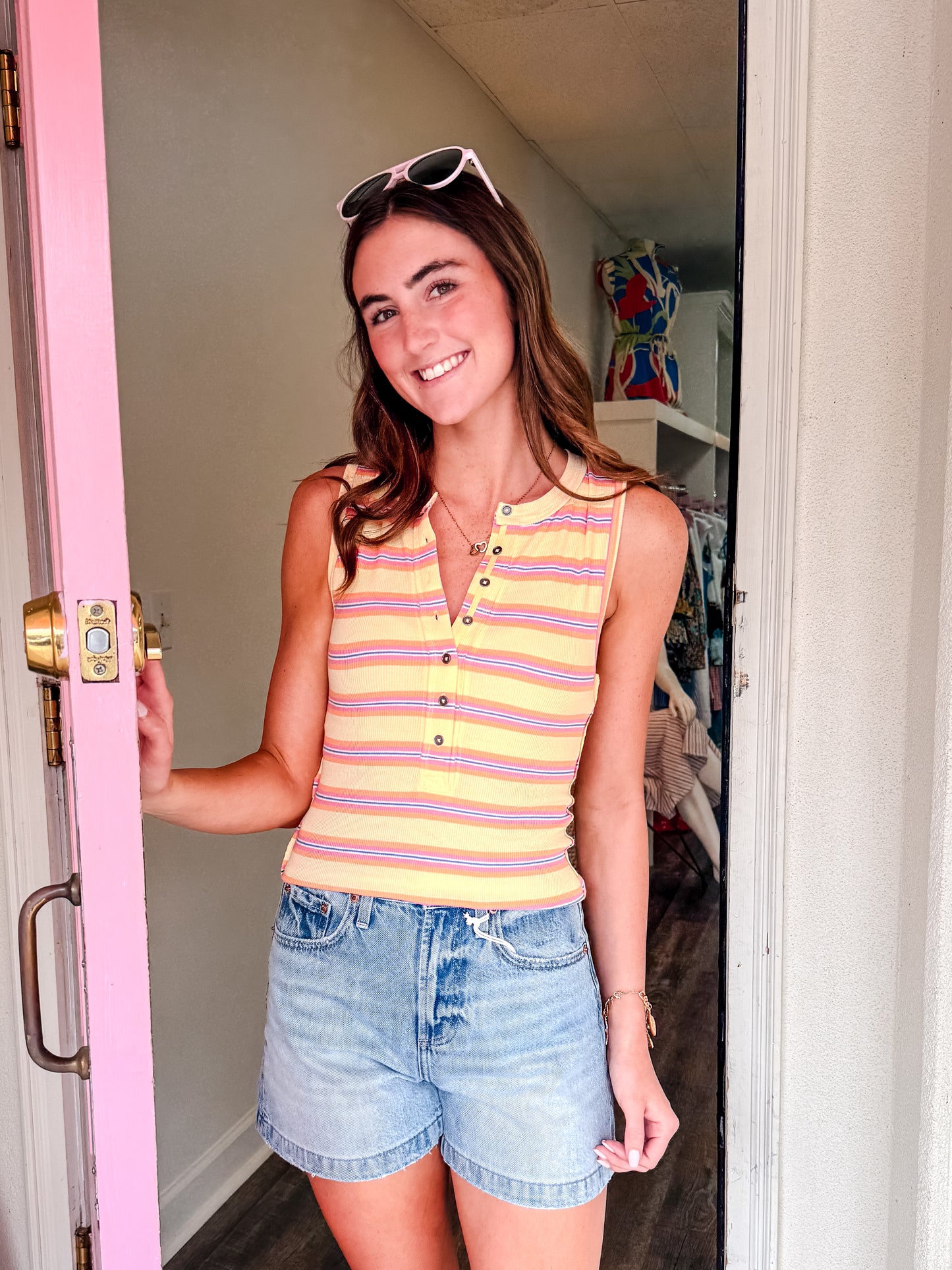 Free People Jamie Henley Striped Tank Top - Butter Yellow Combo