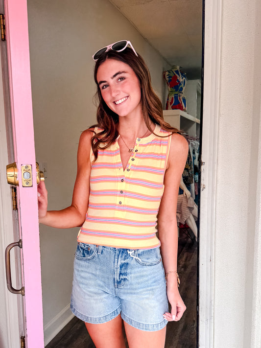 Free People Jamie Henley Striped Tank Top - Butter Yellow Combo