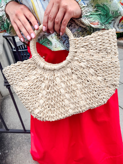 Spread Line Straw Tote Bag - Beige