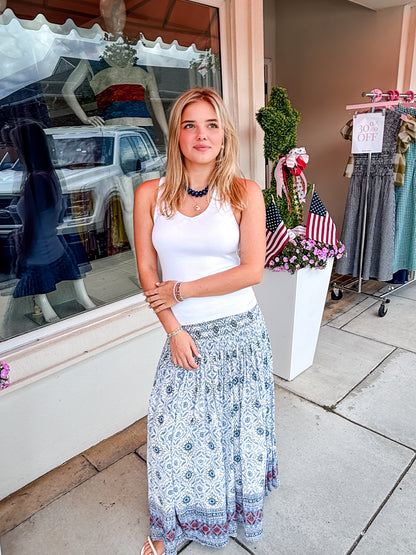 Free People Ravenna Printed Maxi Skirt/Midi Dress - Bluebird Combo