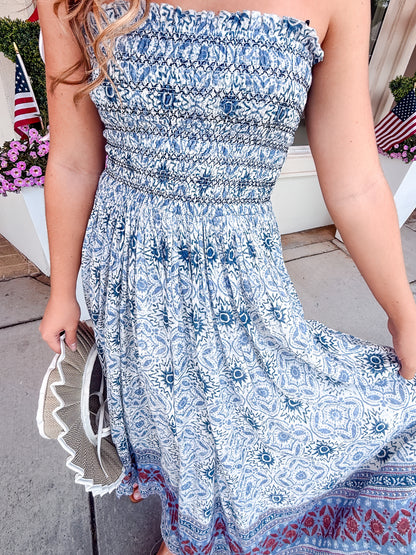 Free People Ravenna Printed Maxi Skirt/Midi Dress - Bluebird Combo