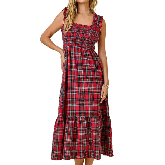 Plaid Smocked Bodice Midi Dress With Ruffle Hem - Red Plaid