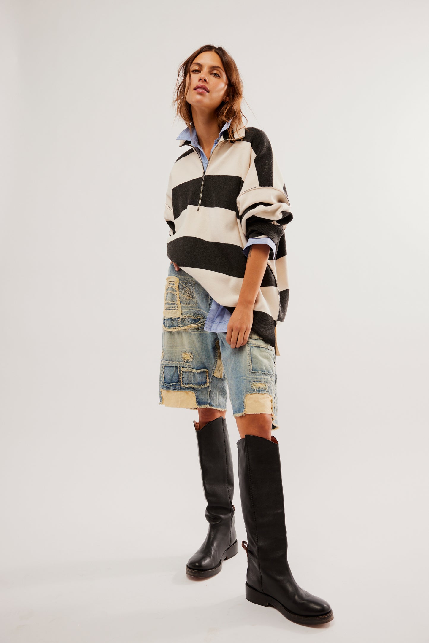 Free People Coastal Stripe Pullover - Carbon Champagne