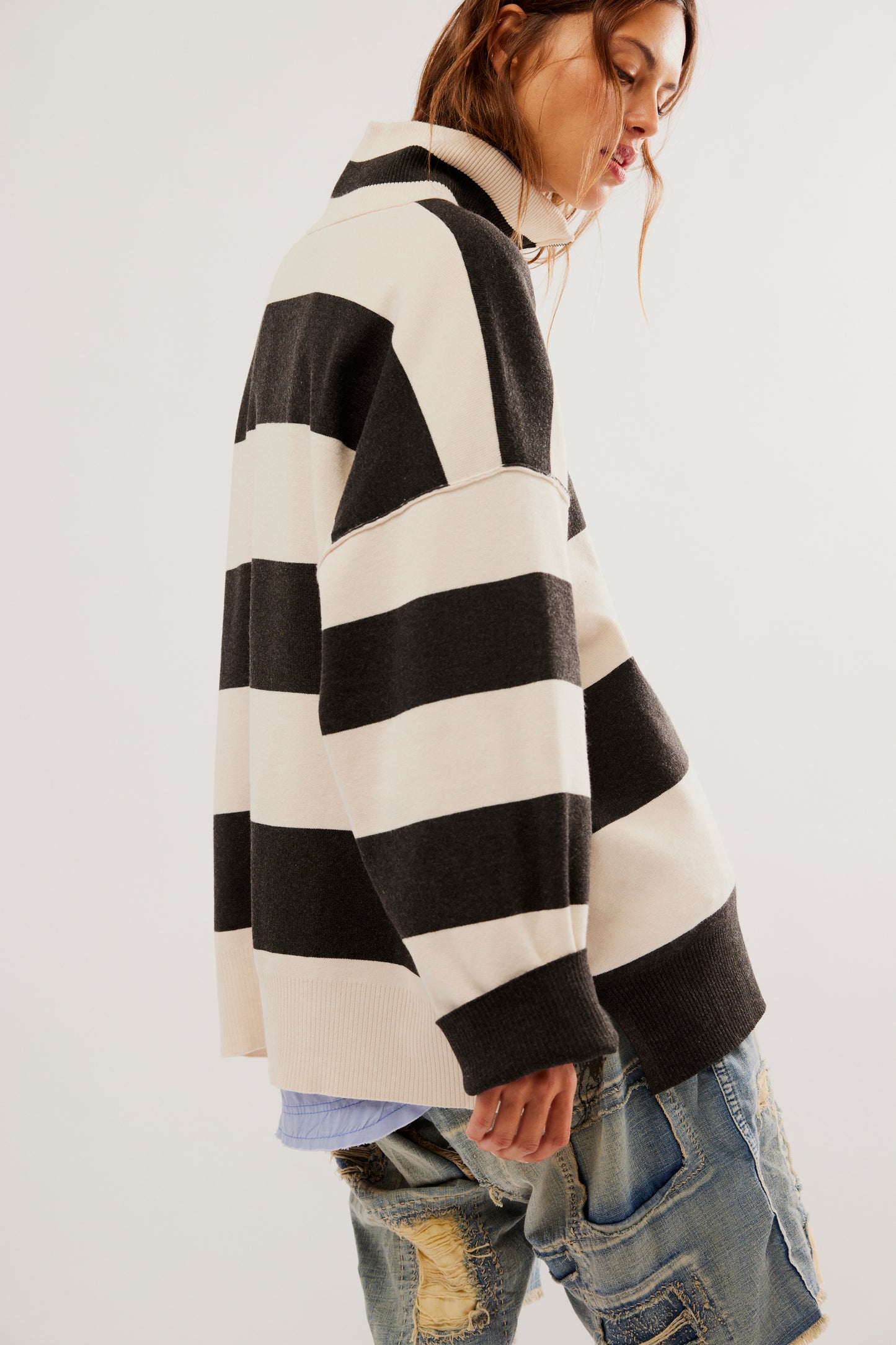 Free People Coastal Stripe Pullover - Carbon Champagne