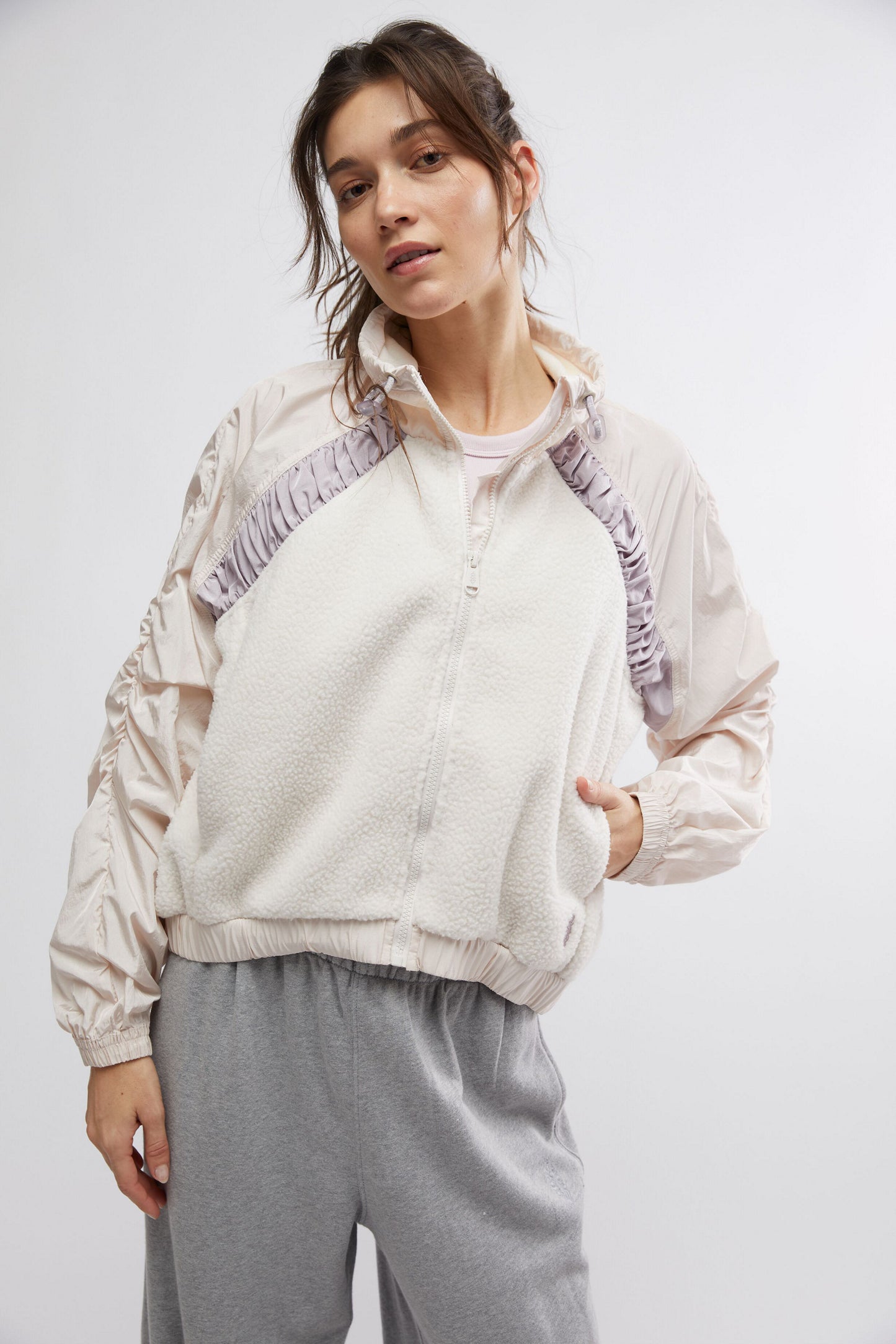 Free People Amelia Zip Up Fleece Jacket - Bleached Clay/Oyster