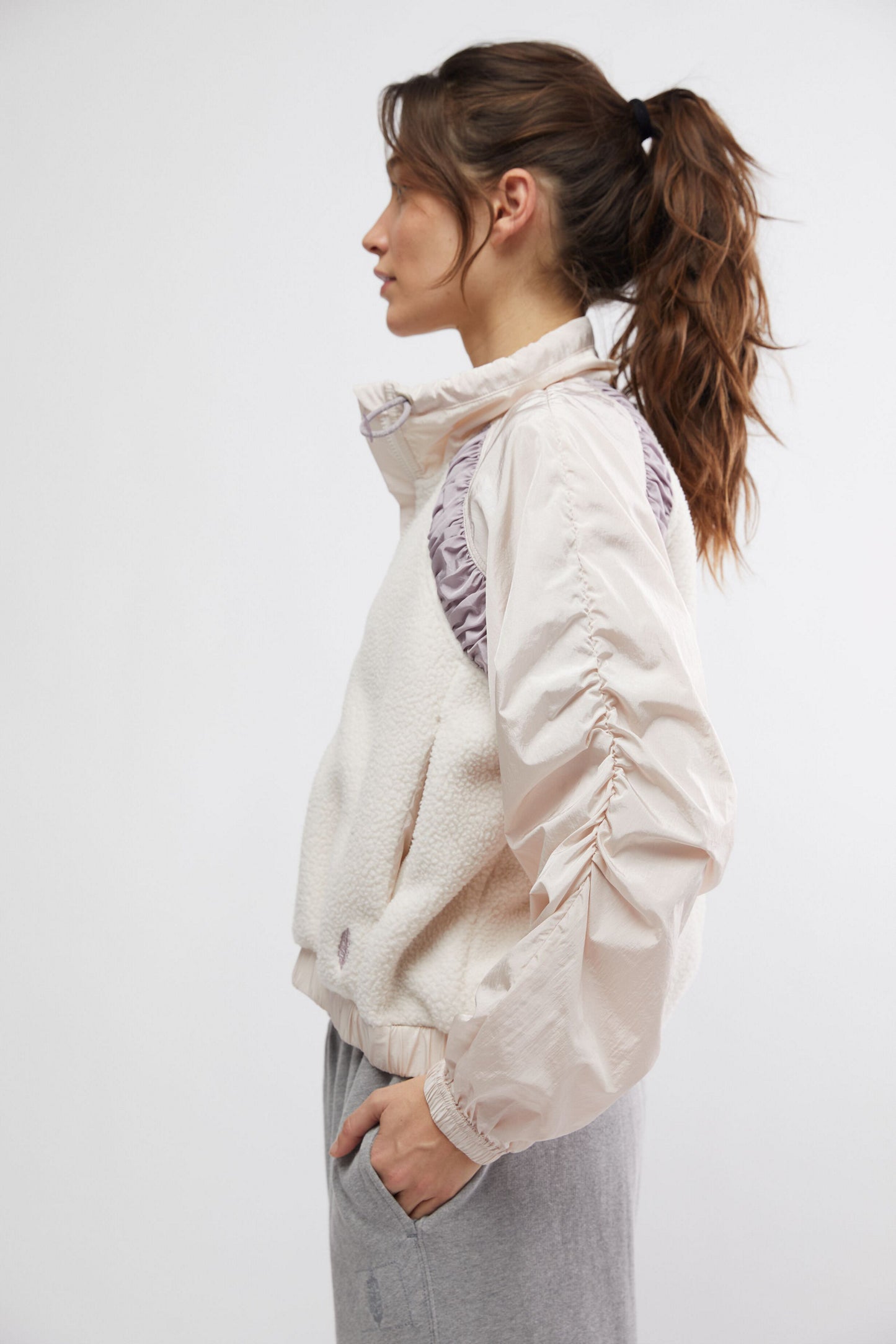 Free People Amelia Zip Up Fleece Jacket - Bleached Clay/Oyster