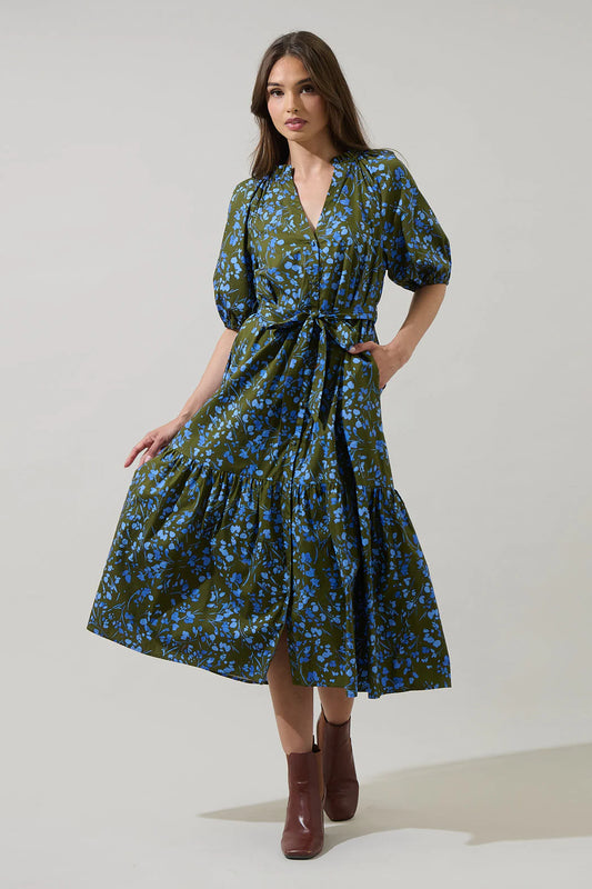 Solvay Floral Wynette Tiered Midi Dress - Green/Blue Multi