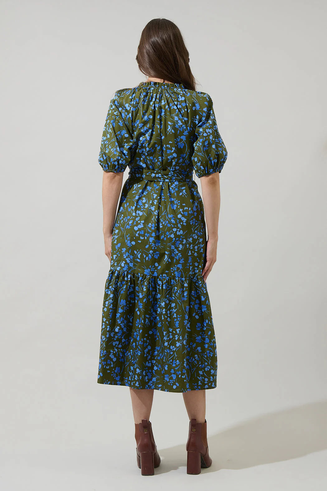 Solvay Floral Wynette Tiered Midi Dress - Green/Blue Multi