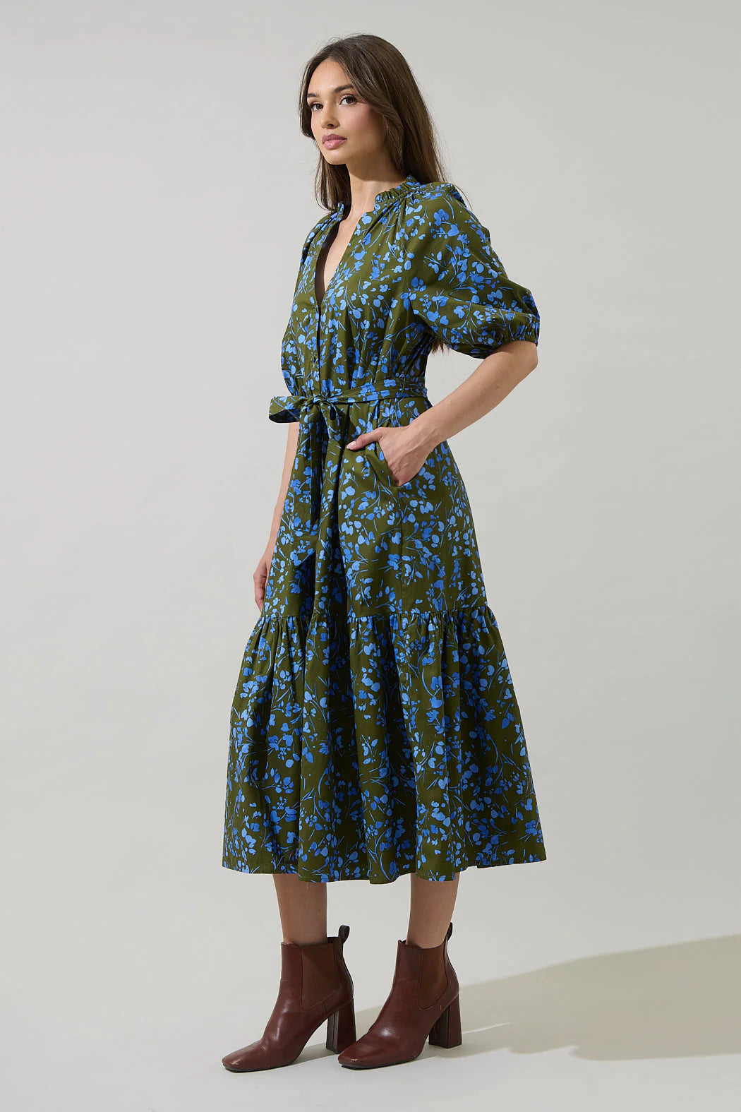 Solvay Floral Wynette Tiered Midi Dress - Green/Blue Multi