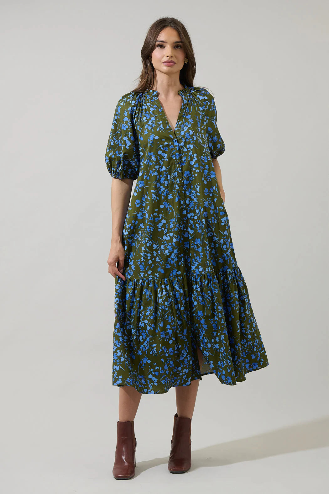 Solvay Floral Wynette Tiered Midi Dress - Green/Blue Multi