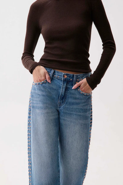 Lexi Mid Rise Bowed Straight Jean - Star Studded