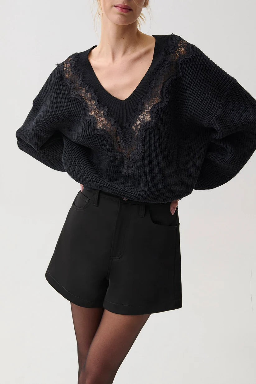 Saige Sateen High Rise A-Line Short - Black