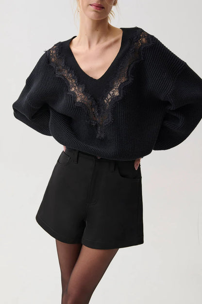 Saige Sateen High Rise A-Line Short - Black