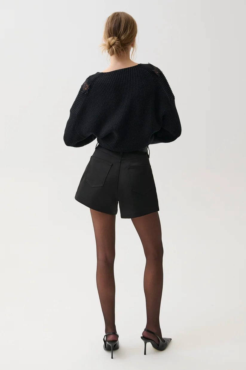 Saige Sateen High Rise A-Line Short - Black