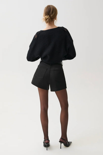 Saige Sateen High Rise A-Line Short - Black