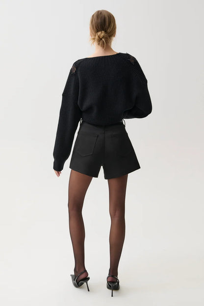 Saige Sateen High Rise A-Line Short - Black