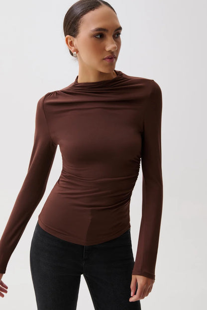 Nathalia Long Sleeve Draped Mock Neck Top - Woodland
