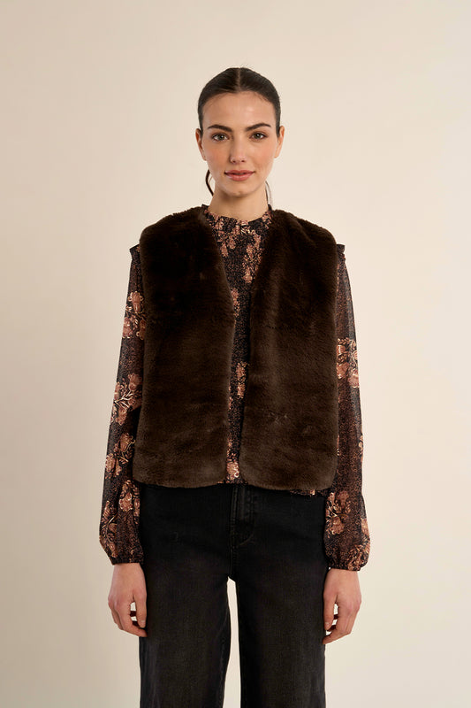 Sleeveless Faux Fur Jacket - Chocolate