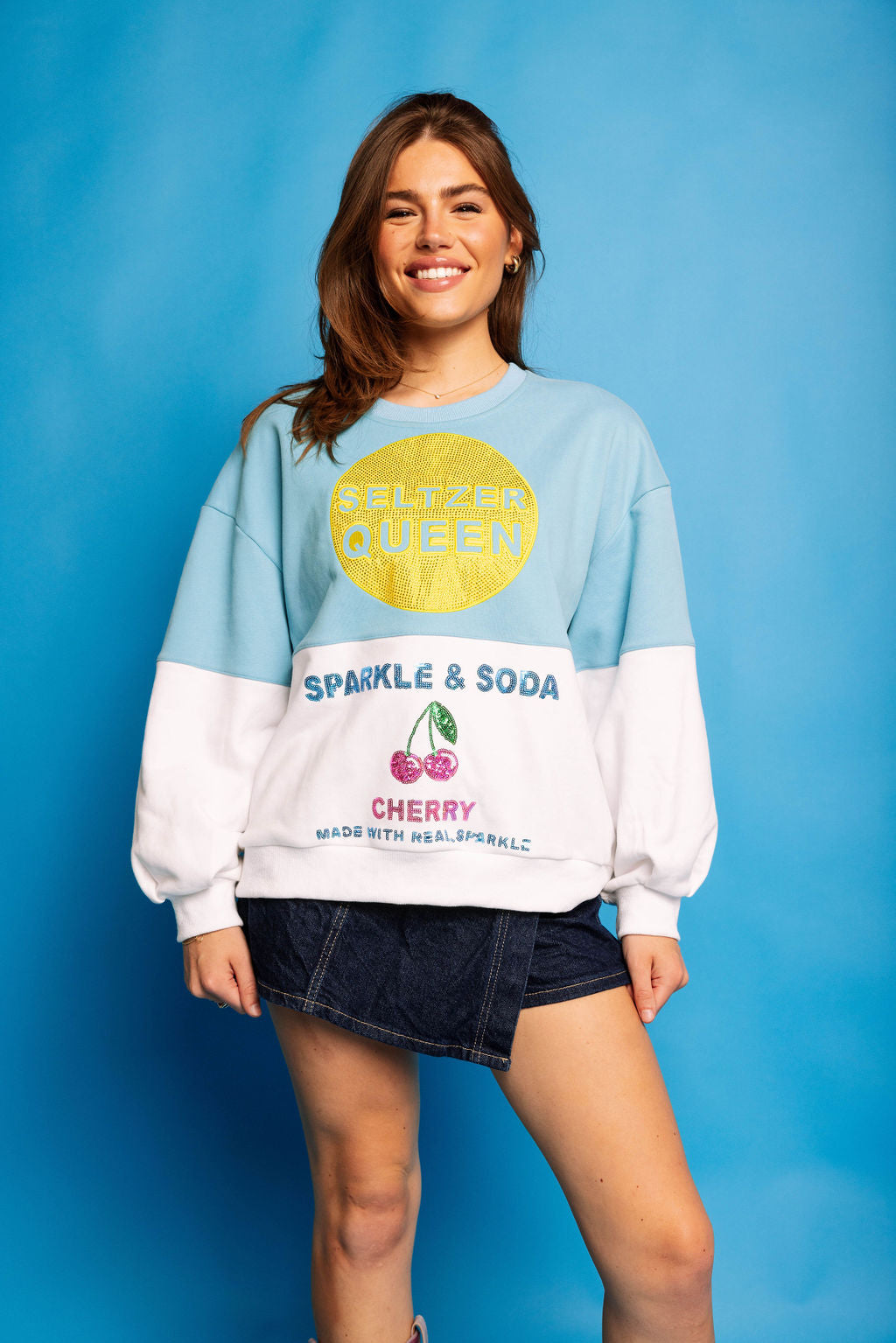 Queen of Sparkles Aqua & White Colorblock Seltzer Queen Sweatshirt