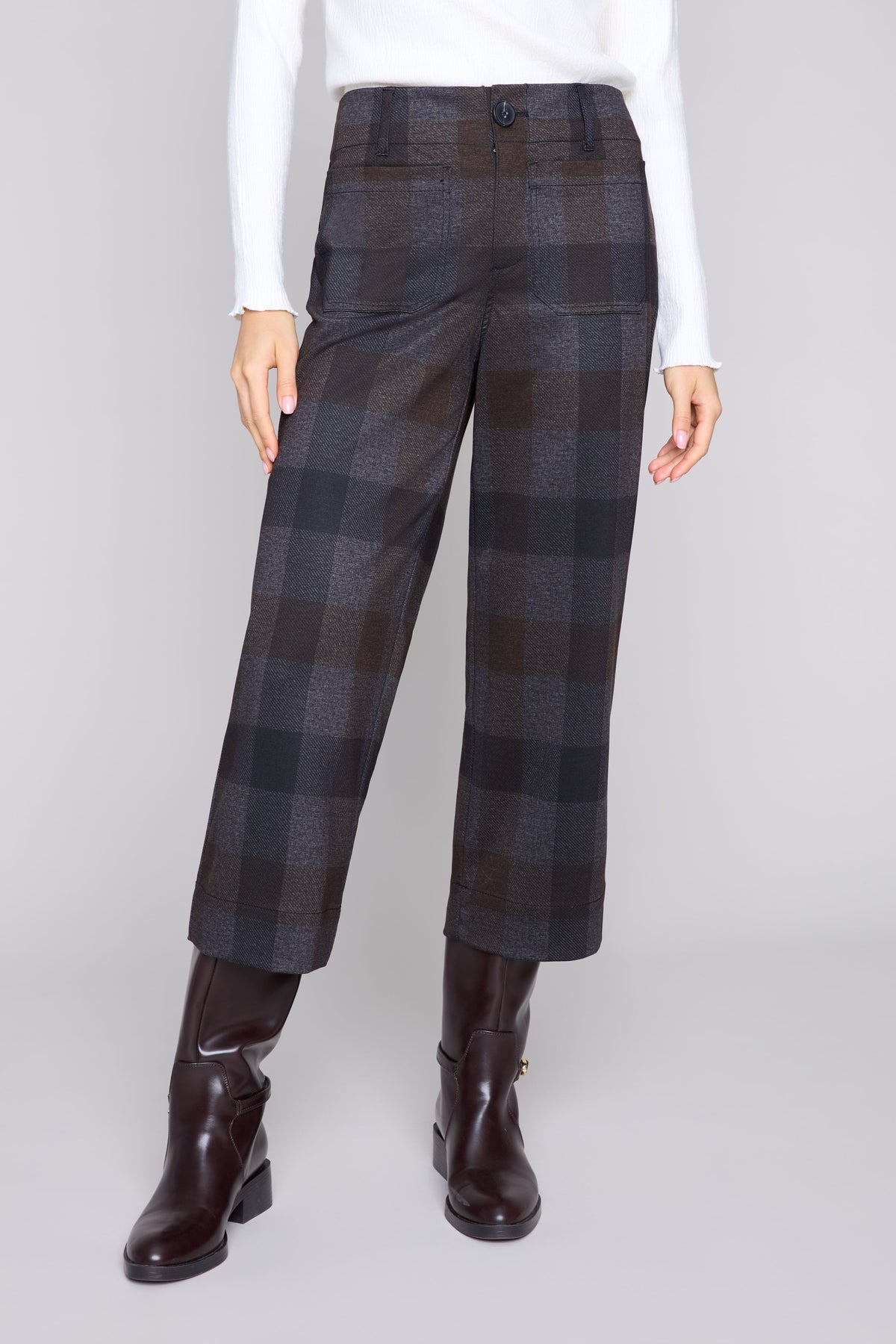 Bold Check Knit Cropped Straight Leg Pant - Carbon Combo