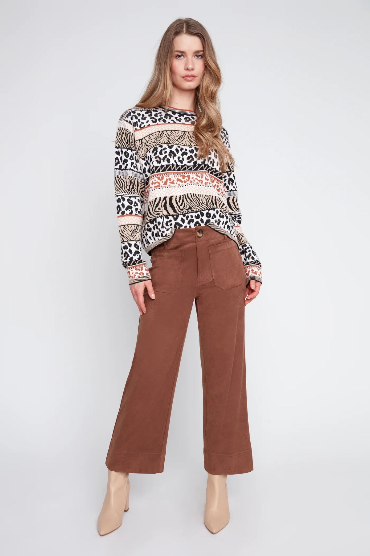 Faux Suede Knit Cropped Wide Leg Pant - Tobacco