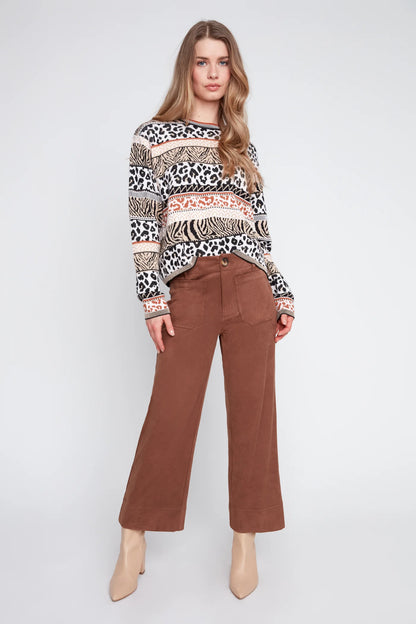 Faux Suede Knit Cropped Wide Leg Pant - Tobacco
