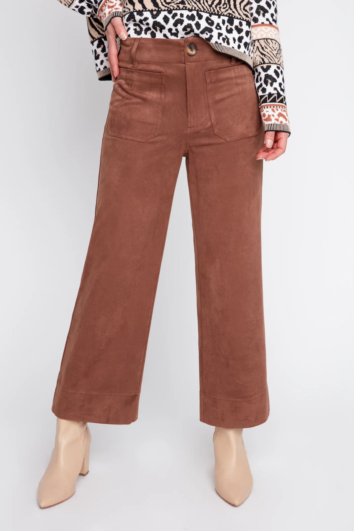 Faux Suede Knit Cropped Wide Leg Pant - Tobacco