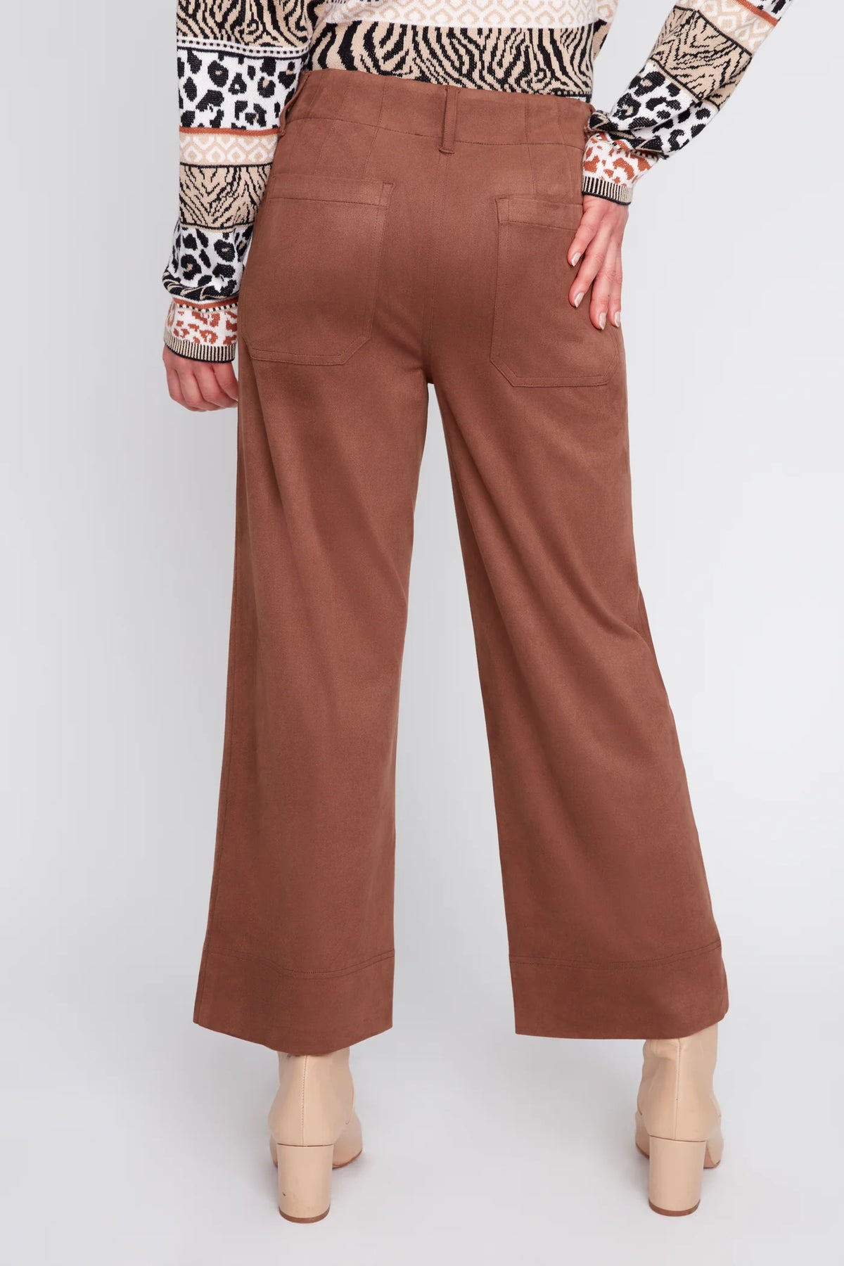Faux Suede Knit Cropped Wide Leg Pant - Tobacco