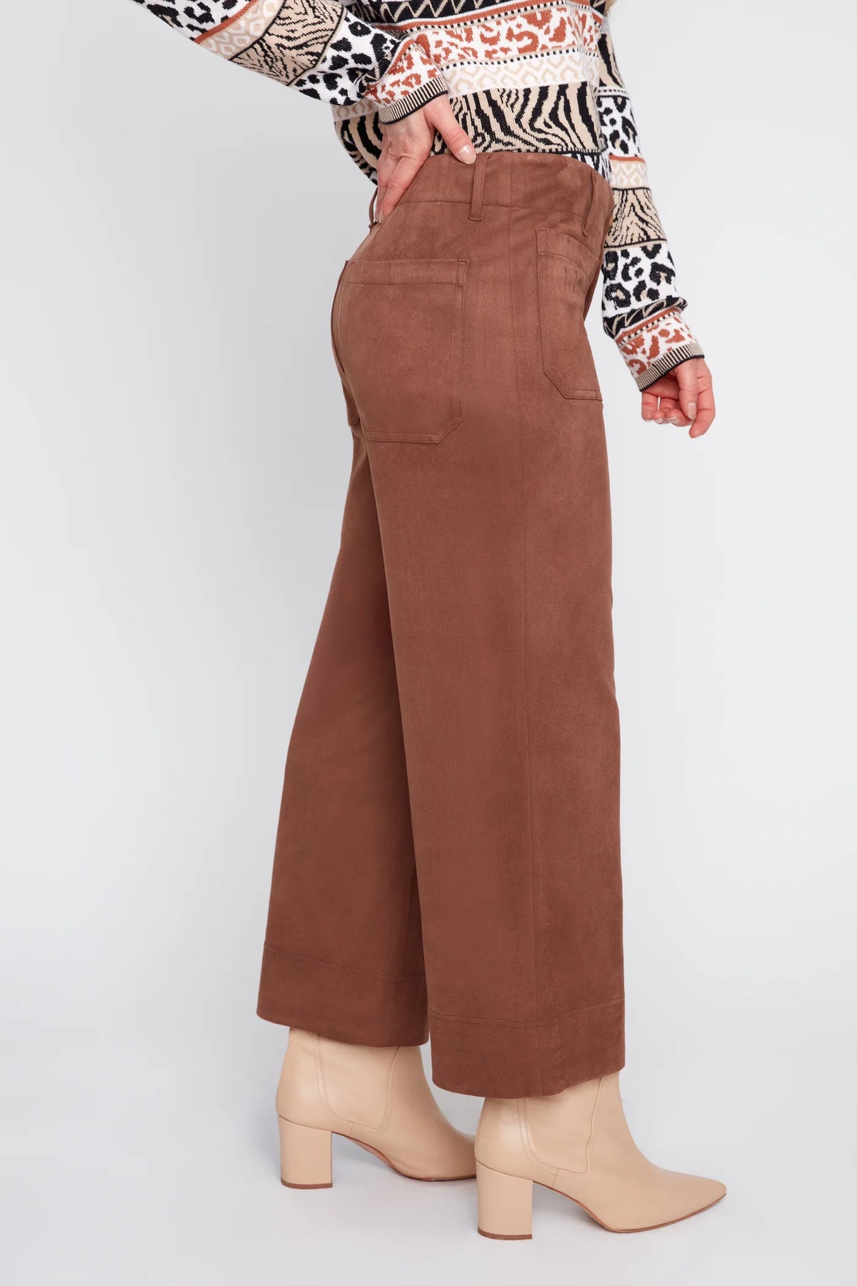 Faux Suede Knit Cropped Wide Leg Pant - Tobacco