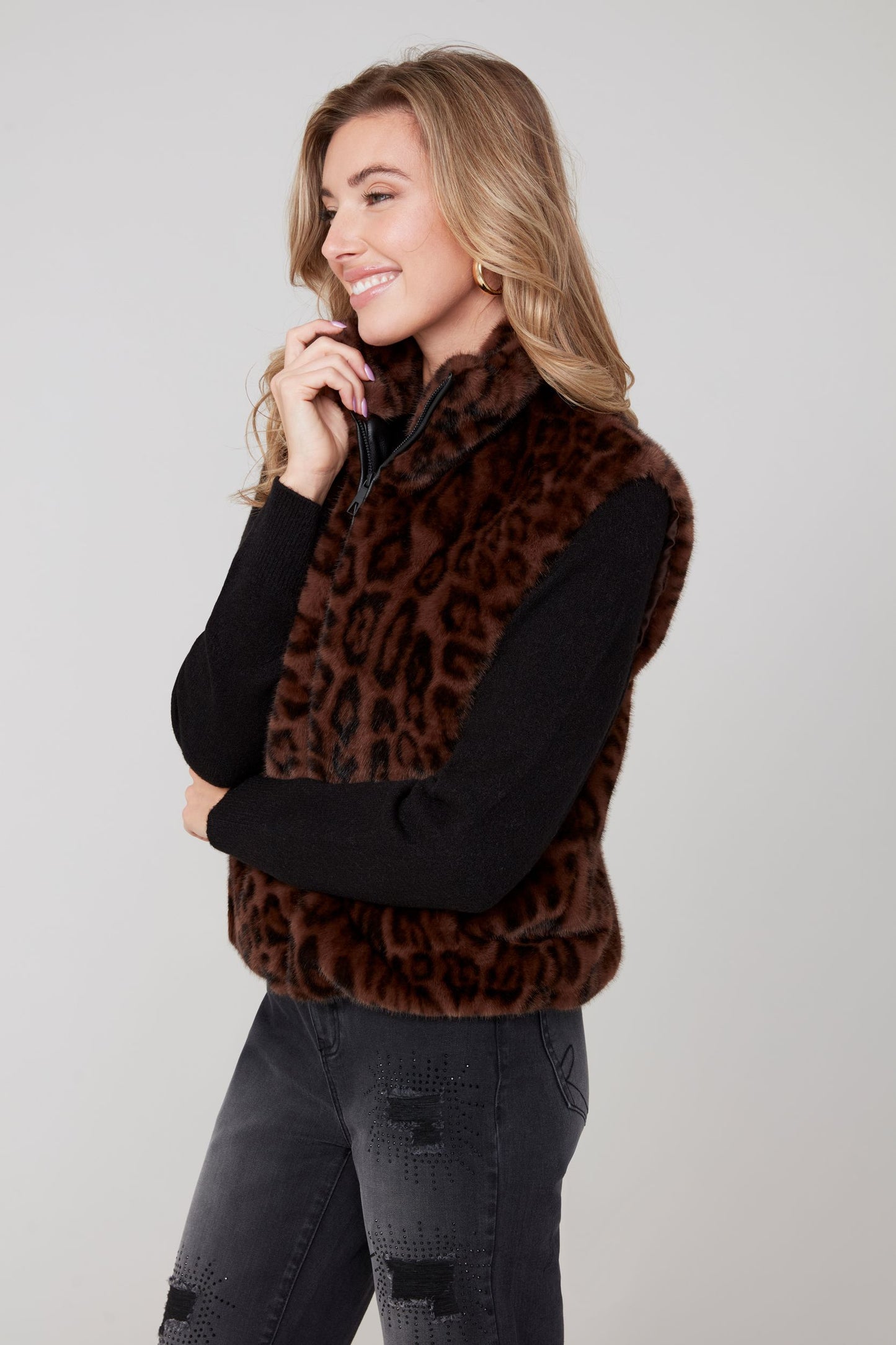 Leopard Vegan Fur Vest - Chestnut
