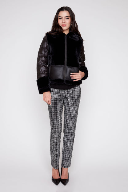 Mix Pleather Faux Fur Quilted Jacket - Black